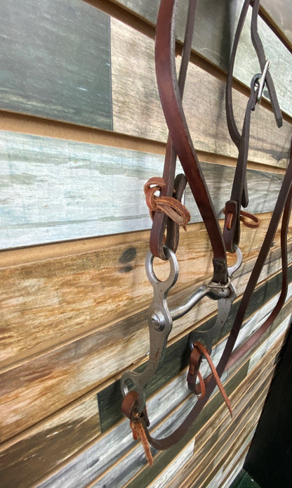 USED  Leather Headstall, Low Port Shank and Split Reins Pony/4" Medium Oil