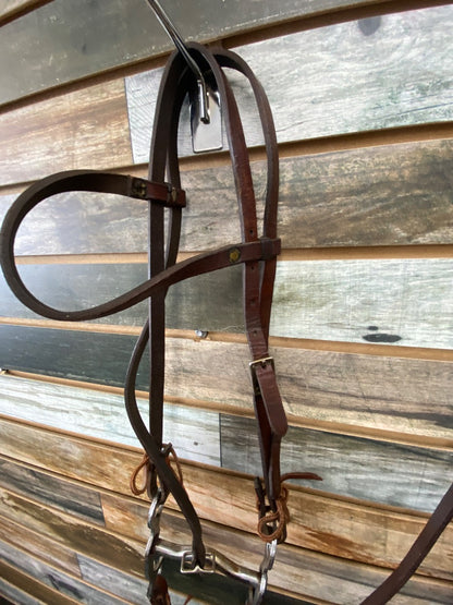 USED  Leather Headstall, Low Port Shank and Split Reins Pony/4" Medium Oil