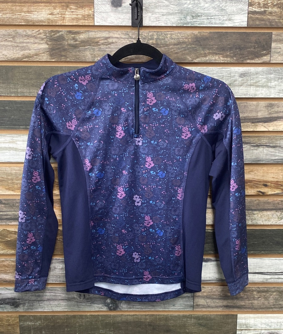 USED Ovation Quarter Zip Shirt Large Navy Mosaic Floral Print