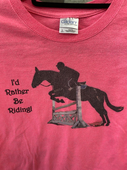 USED  Hot Pink Short Sleeve Tee Shirt "I'd Rather Be Riding" Small Hot Pink