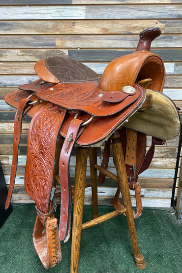 USED  Western Saddle with Floral Tooling, Dk Brown Rough out 15 1/2 Seat- 7" Gullet Medium Oil
