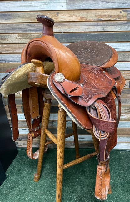 USED  Western Saddle with Floral Tooling, Dk Brown Rough out 15 1/2 Seat- 7" Gullet Medium Oil