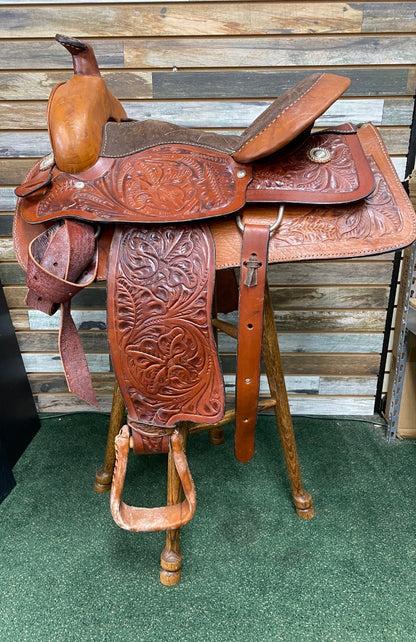 USED  Western Saddle with Floral Tooling, Dk Brown Rough out 15 1/2 Seat- 7" Gullet Medium Oil