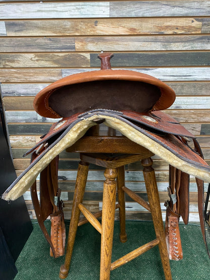 USED  Western Saddle with Floral Tooling, Dk Brown Rough out 15 1/2 Seat- 7" Gullet Medium Oil