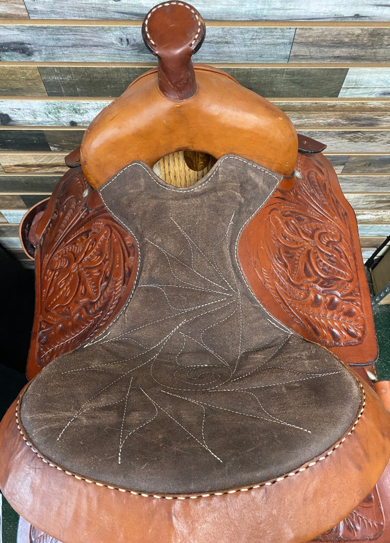 USED  Western Saddle with Floral Tooling, Dk Brown Rough out 15 1/2 Seat- 7" Gullet Medium Oil