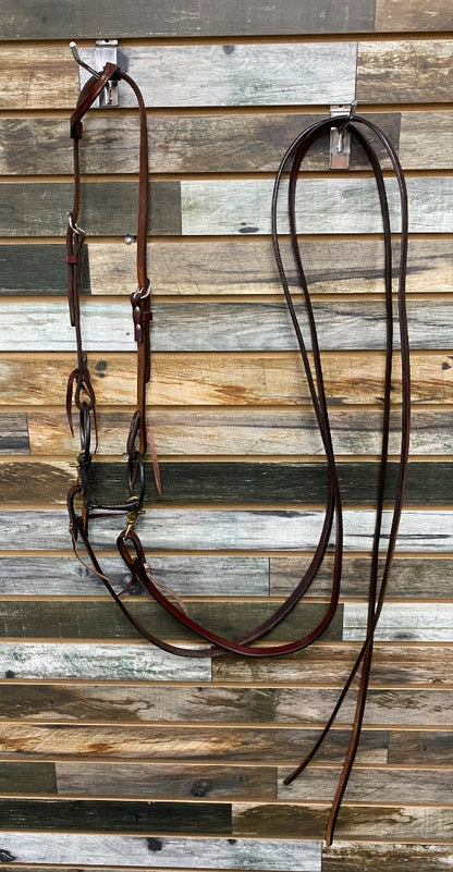 USED  One Ear Leather Headstall with Split Reins and Snaffle Horse Medium Oil