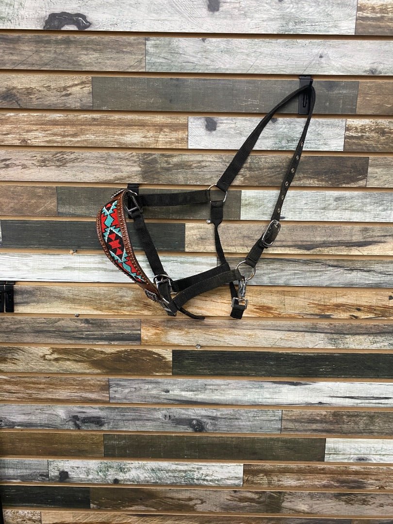 USED  Nylon Halter w/ Beaded Leather Nose Band Horse