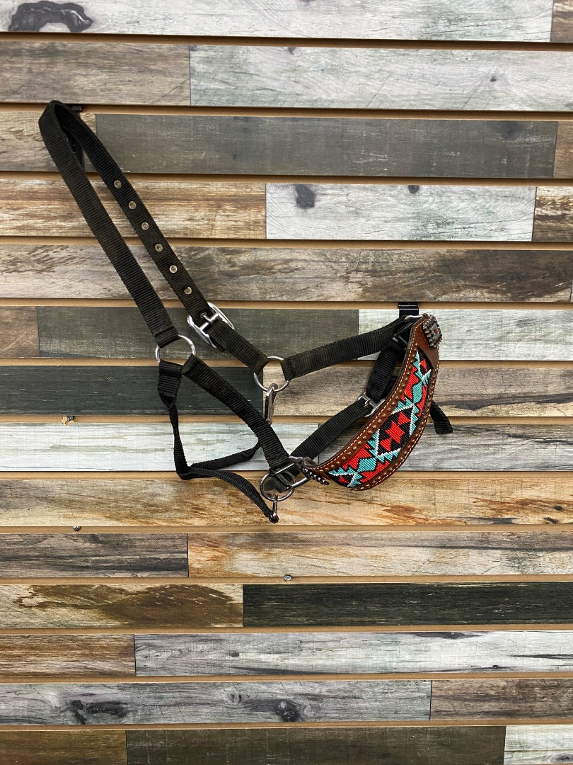 USED  Nylon Halter w/ Beaded Leather Nose Band Horse