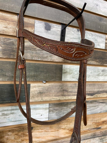 USED  Western Browband Headstall Floral Tooling with Tom Thumb Snaffle and Split Reins  Dark Oil
