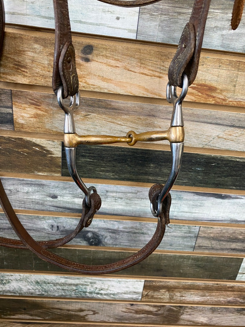 USED  Western Browband Headstall Floral Tooling with Tom Thumb Snaffle and Split Reins  Dark Oil
