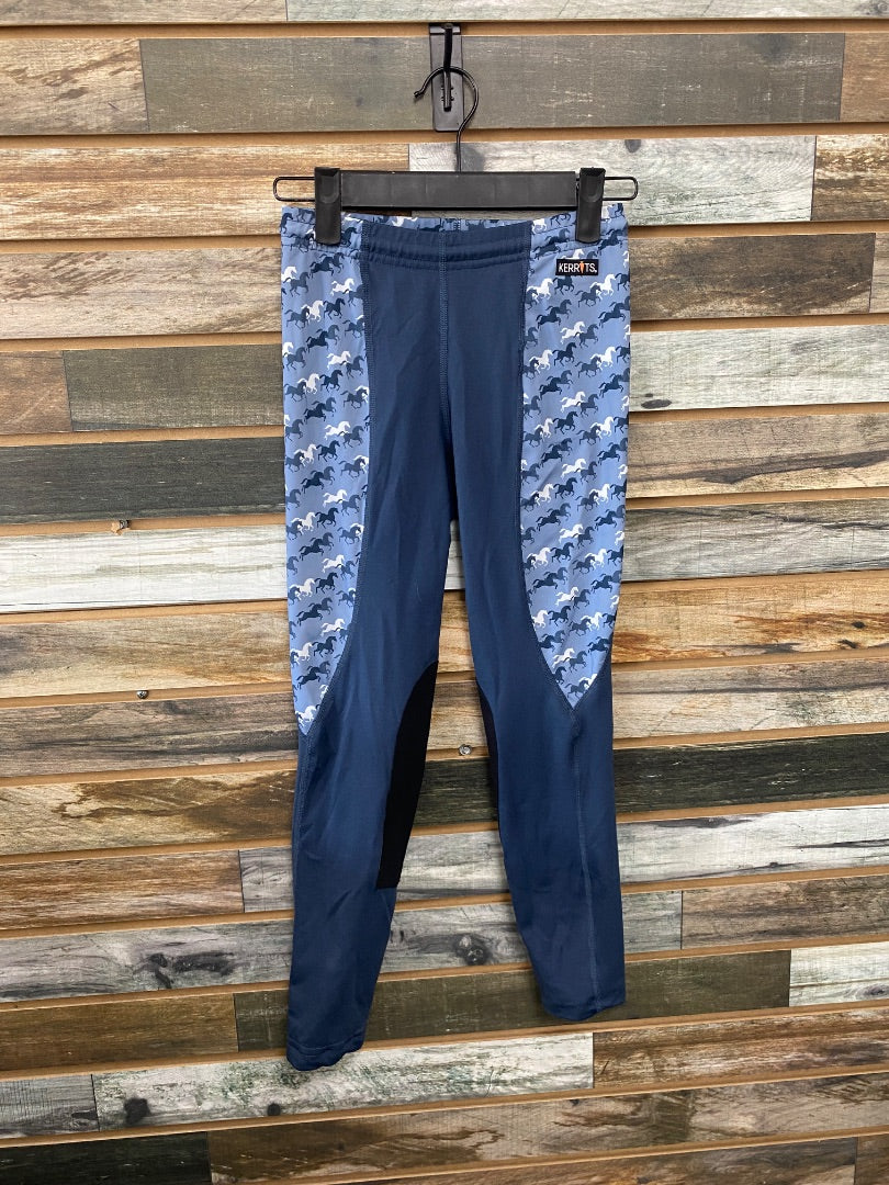 USED Kerrits Youth Knee Patch Tights Medium Navy Horse Print