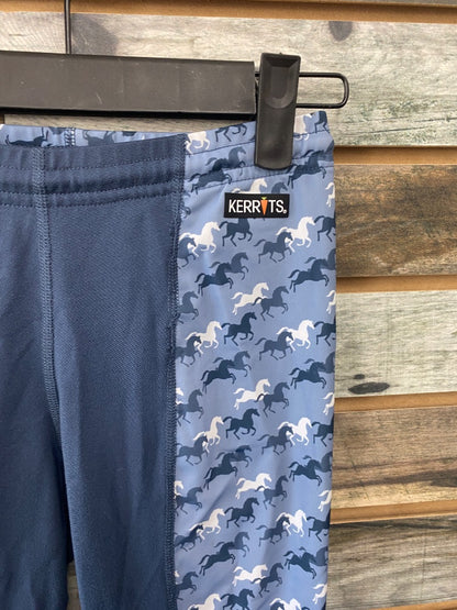 USED Kerrits Youth Knee Patch Tights Medium Navy Horse Print