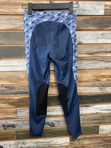USED Kerrits Youth Knee Patch Tights Medium Navy Horse Print