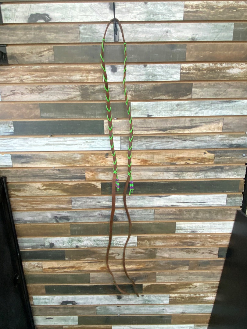 USED  Nylon Laced Leather Reins  Green & Medium Oil