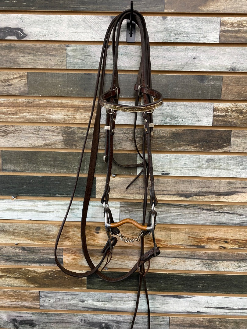 USED  Western Browband Show Headstall with 5" Curb Bit and Split Reins Horse Dark Oil