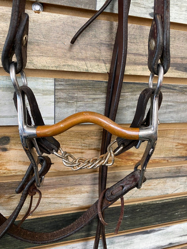 USED  Western Browband Show Headstall with 5" Curb Bit and Split Reins Horse Dark Oil