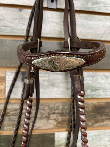USED  Western Browband Headstall with 5" Curb Bit and Trammel Split Reins Horse Dark Oil