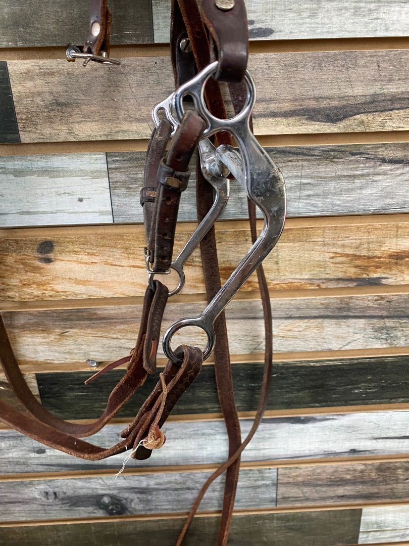 USED  Western Browband Headstall with 5" Curb Bit and Split Reins Horse Dark Oil