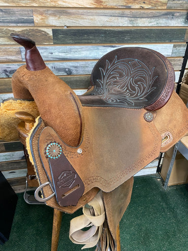 USED Circle Y High Horse Barrel Saddle 16in Light Oil/Turquoise