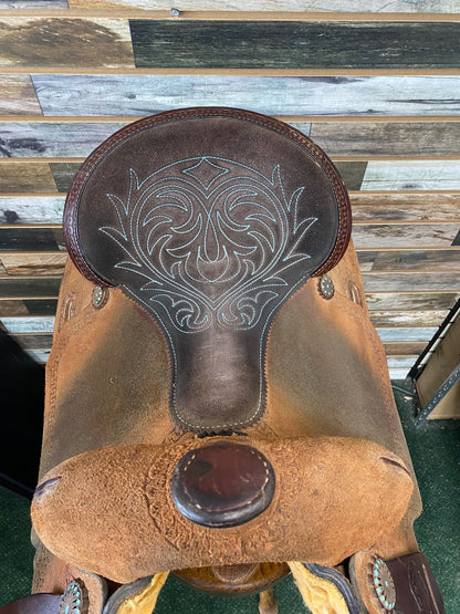 USED Circle Y High Horse Barrel Saddle 16in Light Oil/Turquoise