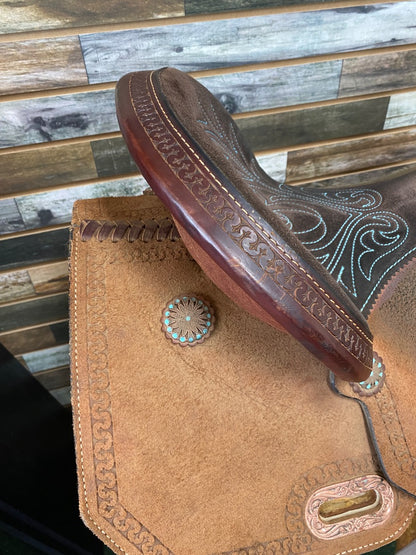 USED Circle Y High Horse Barrel Saddle 16in Light Oil/Turquoise