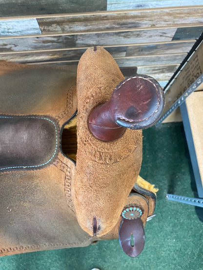 USED Circle Y High Horse Barrel Saddle 16in Light Oil/Turquoise