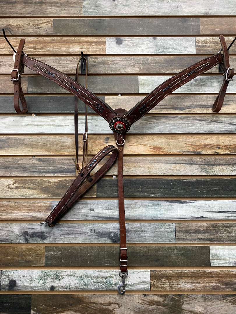 USED  Brestcollar and Tiedown Set Horse Red/Blue Gems