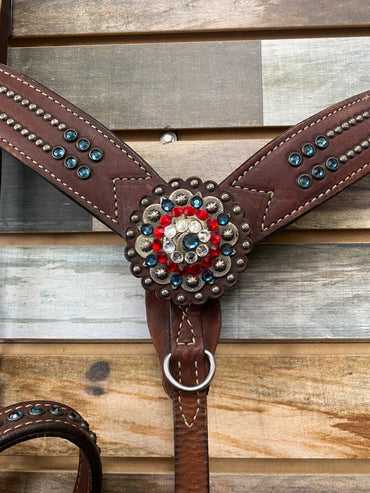 USED  Brestcollar and Tiedown Set Horse Red/Blue Gems