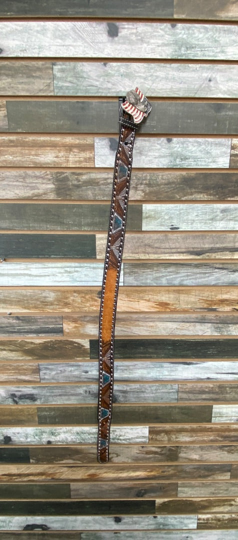 USED  Ladies Western Belt W American Flag Buckle Large Brown