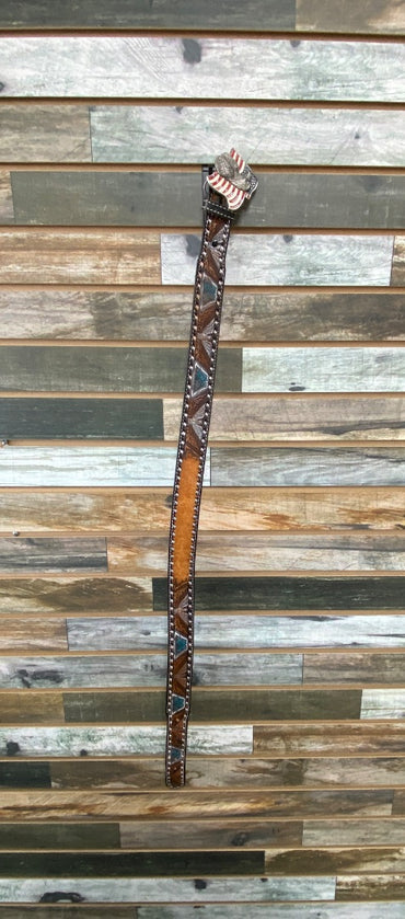 USED  Ladies Western Belt W American Flag Buckle Large Brown