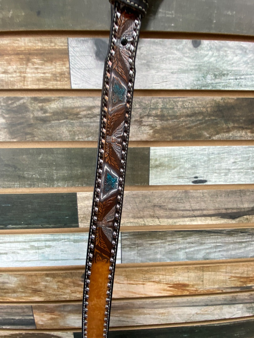 USED  Ladies Western Belt W American Flag Buckle Large Brown