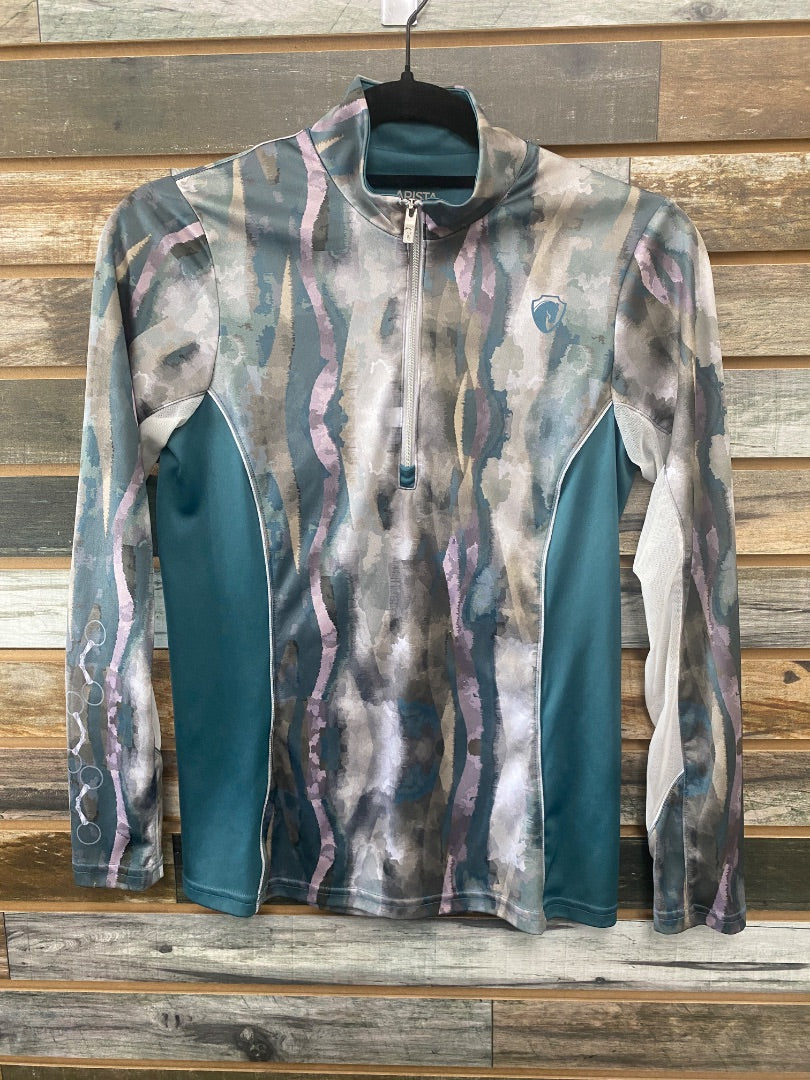 USED ARIAT 3/4 Zip Top, 3/4 Sleeve XS Teal/Purple/White Watercolor