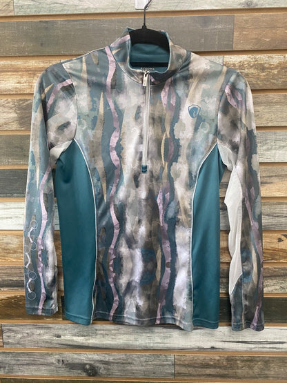 USED ARIAT 3/4 Zip Top, 3/4 Sleeve XS Teal/Purple/White Watercolor