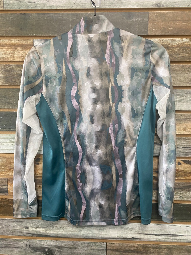 USED ARIAT 3/4 Zip Top, 3/4 Sleeve XS Teal/Purple/White Watercolor