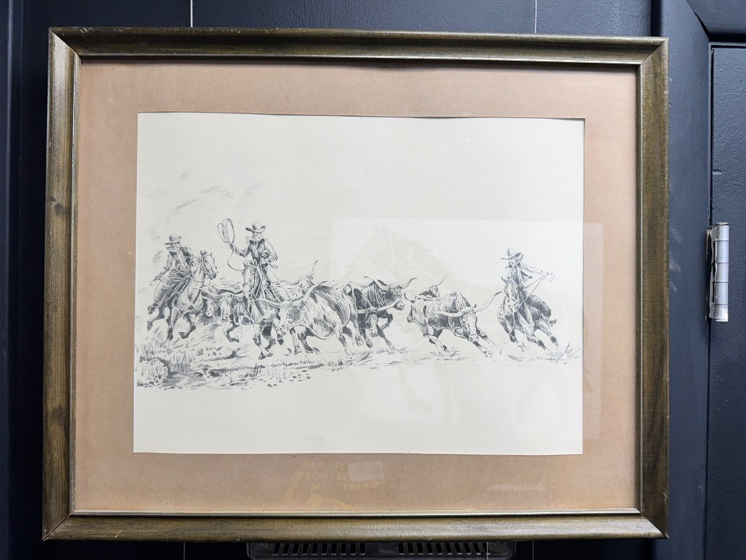 USED Don OConner Framed Cattle Drive Horse Art 21” x 17” Pencil/Cream