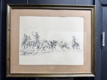 USED Don OConner Framed Cattle Drive Horse Art 21” x 17” Pencil/Cream