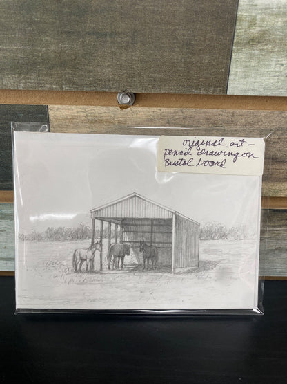 Barn w/ 3 Horses Pencil Drawing 5"x7"