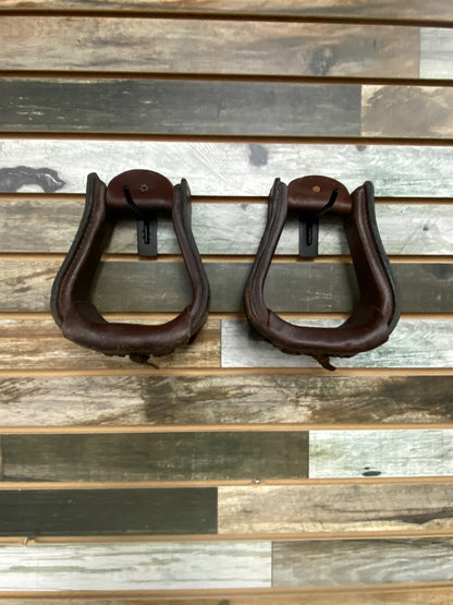 USED  Brown Leather Wrapped Western Stirrups with Tooling 5 1/2" Brown