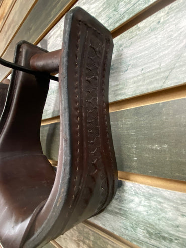USED  Brown Leather Wrapped Western Stirrups with Tooling 5 1/2" Brown