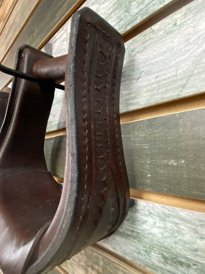 USED  Brown Leather Wrapped Western Stirrups with Tooling 5 1/2" Brown