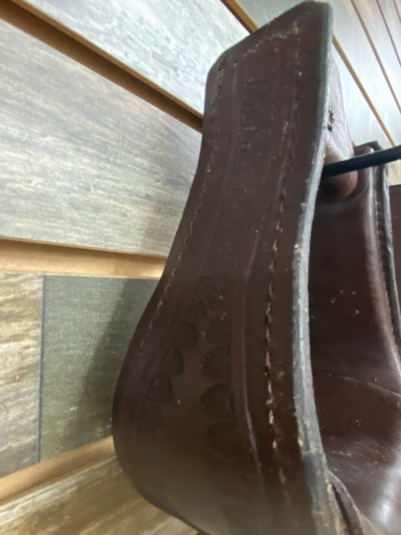 USED  Brown Leather Wrapped Western Stirrups with Tooling 5 1/2" Brown