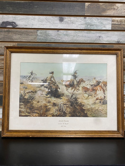 USED Charles Russell Horse Art Print Jerked Down 20” x 20” Tan/Light Blue/Brown