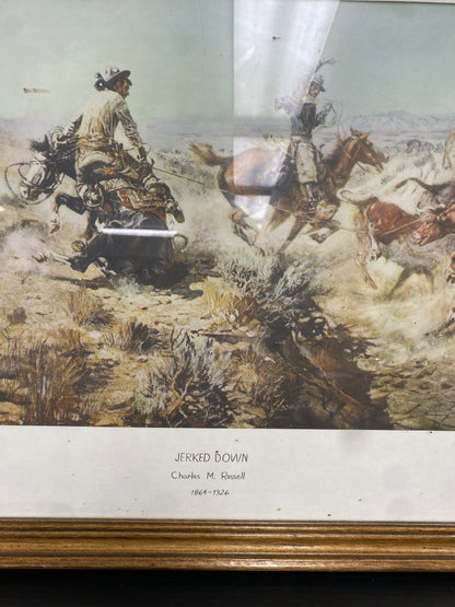 USED Charles Russell Horse Art Print Jerked Down 20” x 20” Tan/Light Blue/Brown