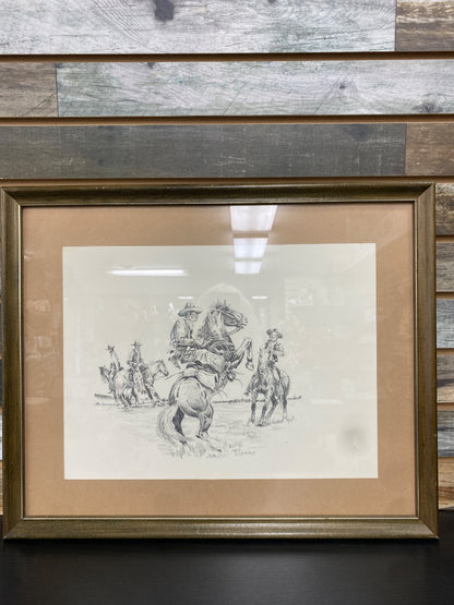 USED Don OConner Framed Rearing Horse Art 21” x 17” Pencil/Cream