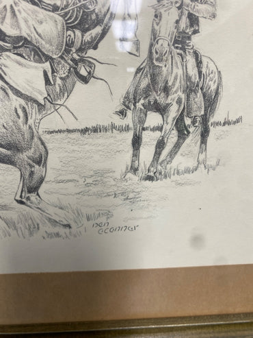 USED Don OConner Framed Rearing Horse Art 21” x 17” Pencil/Cream