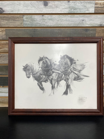 USED Bonnie Shields Framed Horse Art 29” x 19” Pencil/White
