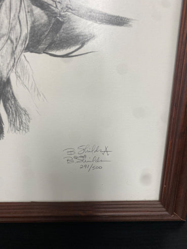 USED Bonnie Shields Framed Horse Art 29” x 19” Pencil/White