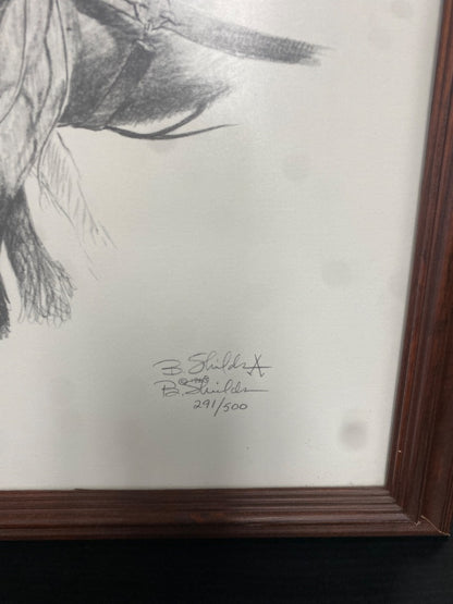 USED Bonnie Shields Framed Horse Art 29” x 19” Pencil/White