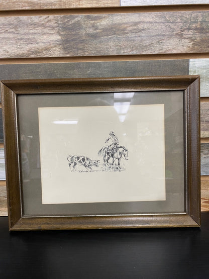 USED Golden Horseshoe Equestrian Framed Horse Art 13.5 x 10.5” Pencil/Cream