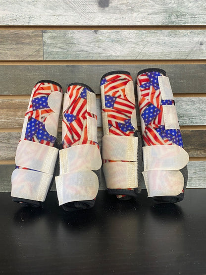 USED Hot Headstalls Sport Boots Set of 4 Medium Red/White/Blue Flag Pattern